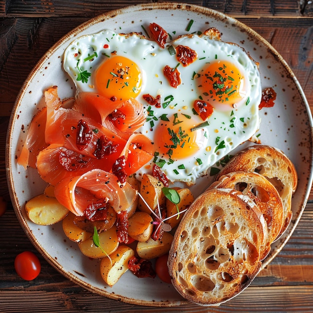 Photo the gourmet salmon and egg breakfast plate of nutritious and delicious morning delight