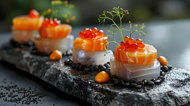 Gourmet Salmon Sushi Bites with Caviar and Edible Flowers Perfect for Upscale Events and Gatherings