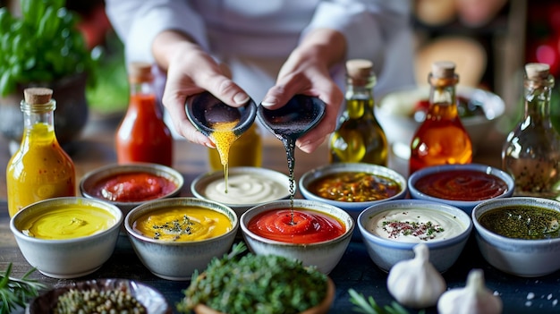 Gourmet Sauces Variety on Table Colorful and Flavorful Display