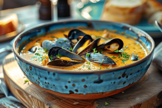 Gourmet Seafood Bisque in a Blue Bowl on Wooden Table Fresh Clams Creamy Soup Culinary Delight