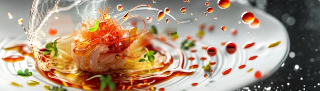 Photo gourmet seafood dish with vibrant sauce splashes artistic food presentation capturing motion and color on a stylish white plate