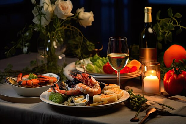 Gourmet Seafood Feast Arranged on Dining Table in Restaurant or Home Environment