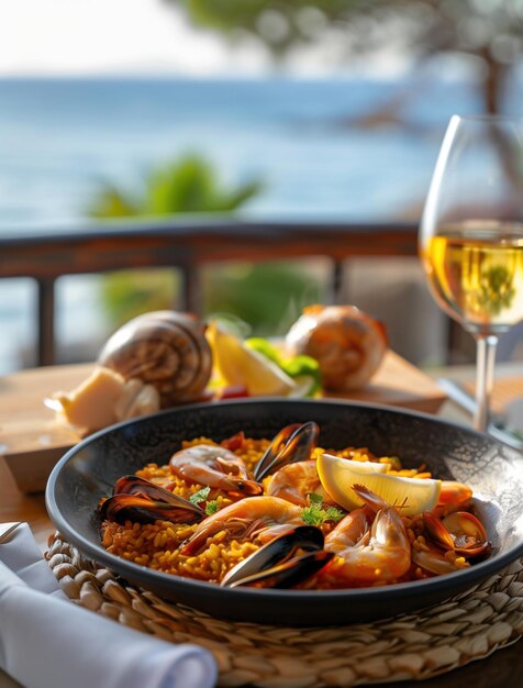 Photo gourmet seafood paella served on a ceramic plate in elegant dining ambiance