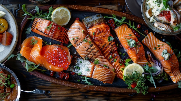 A gourmet seafood platter featuring a variety of fresh salmon dishes including grilled fillets smoked salmon and salmon tartare offering a feast for the senses