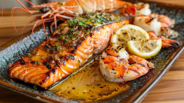 A gourmet seafood platter featuring a whole roasted salmon glazed with maple mustard sauce served alongside grilled shrimp and lobster tails