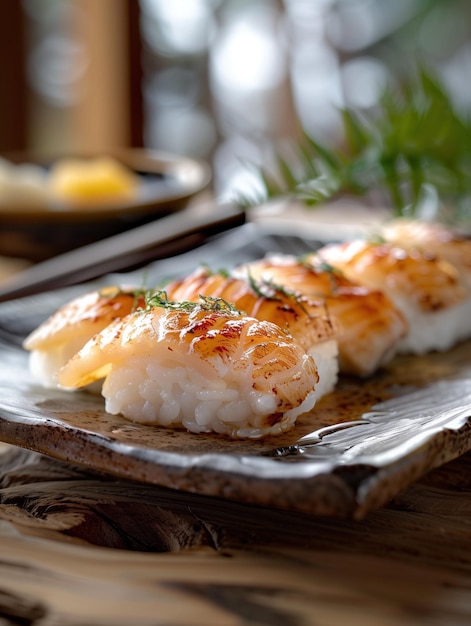 Gourmet seared Aoyagi Nigiri on rustic wooden surface