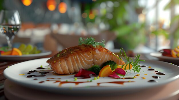 Photo gourmet seared salmon with colorful vegetables and sauce drizzle presented elegantly