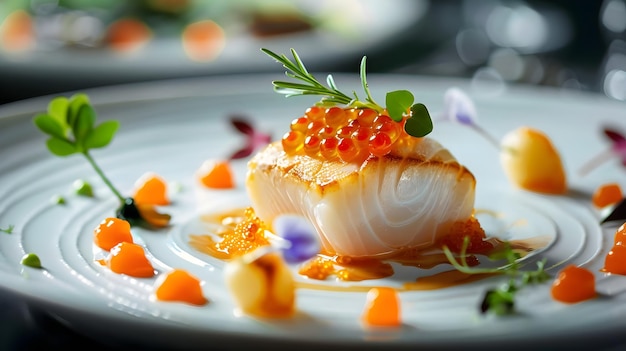 Photo gourmet seared scallop with caviar and edible flowers on elegant white plate