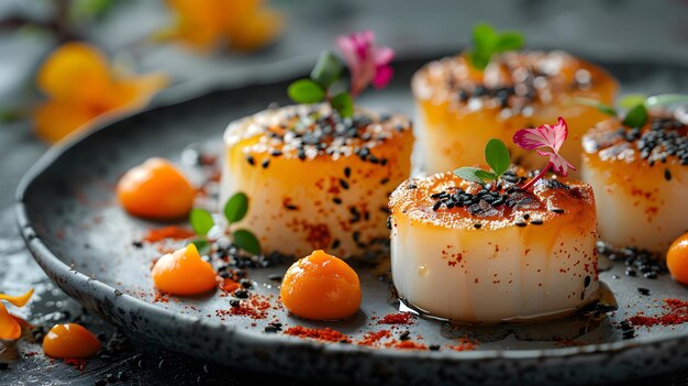 Gourmet Seared Scallops with Edible Flowers and Spice Garnish on a Dark Plate