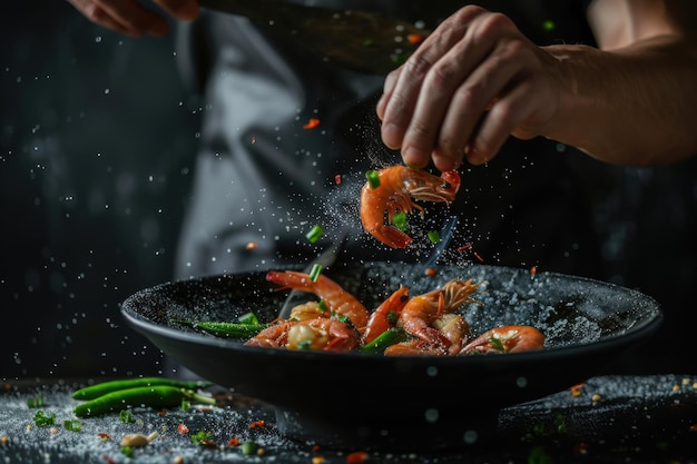 Photo gourmet shrimp in motion with fresh herbs and seasoning in a dynamic culinary presentation