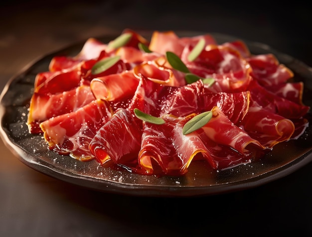 Photo gourmet spanish charcuterie close up iberian ham with salt crystals