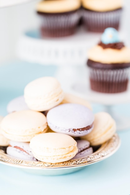 Gourmet Spring macarons on silver platter.