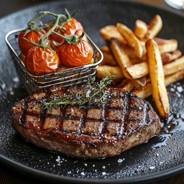 Photo a gourmet steak served with roasted tomatoes and fries on a black plate