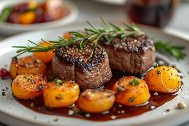 Gourmet steak with herbs and roasted tomatoes on a plate garnished with balsamic glaze