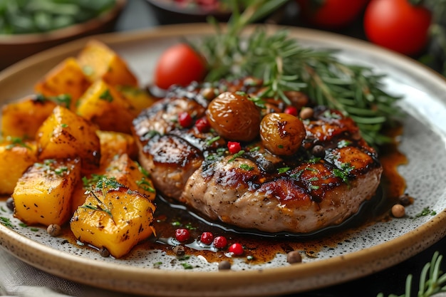 Gourmet steak with herbs and roasted tomatoes on a plate garnished with balsamic glaze