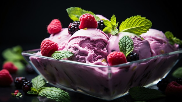 Gourmet summer dessert of artisanal or craft ice cream made with fresh berries