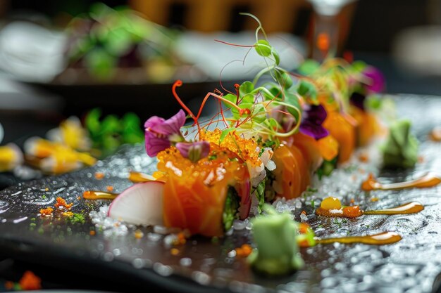 Photo gourmet sushi platter with microgreens and edible flowers on black slate plate