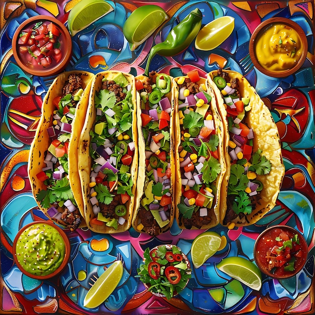 Gourmet Tacos in Rich and Vibrant Colors on Rustic Wooden Table