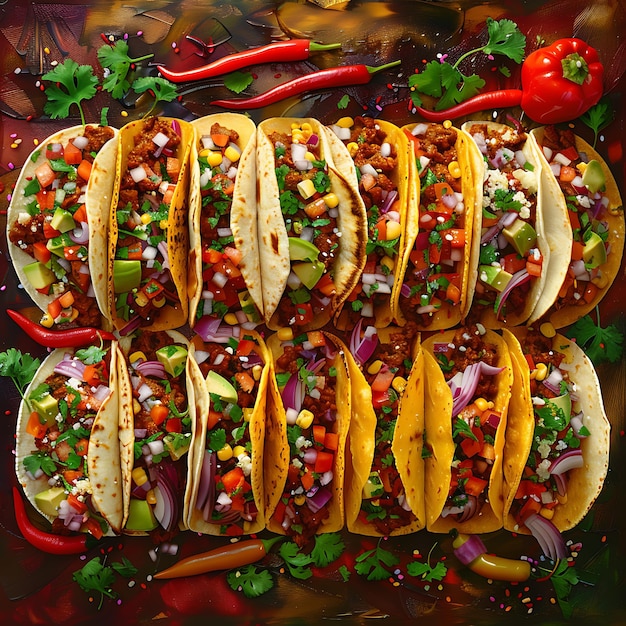 Gourmet Tacos in Rich and Vibrant Colors on Rustic Wooden Table