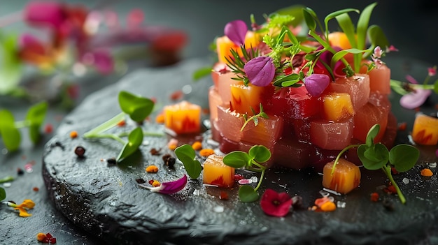 Photo gourmet tropical fruit tartare with edible flowers for elegant desserts