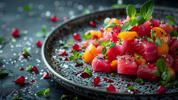 Gourmet Tuna Tartare with Fresh Herbs and Edible Flowers on Artisan Plate for Elegant Dining