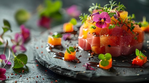 Gourmet Tuna Tartare with Vibrant Edible Flowers and Herb Garnish for Culinary Inspiration