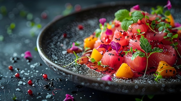 Gourmet Tuna Tataki Salad with Mango and Edible Flowers for Elegant Dining