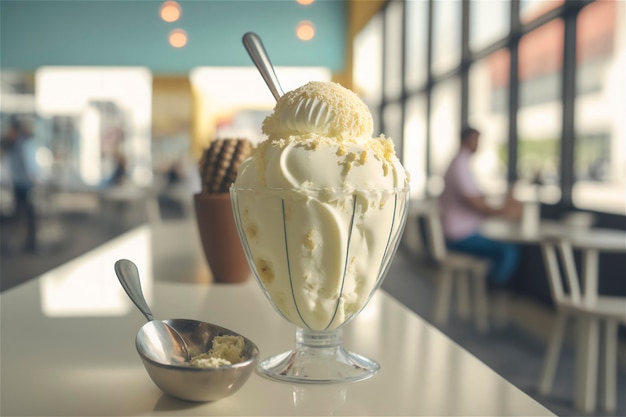 Gourmet vanilla ice cream in glass bowl on ice cream parlor table AI generated frozen dessert