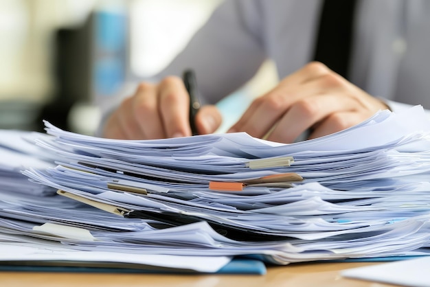 Photo a government employee diligently working at desk surrounded by paperwork