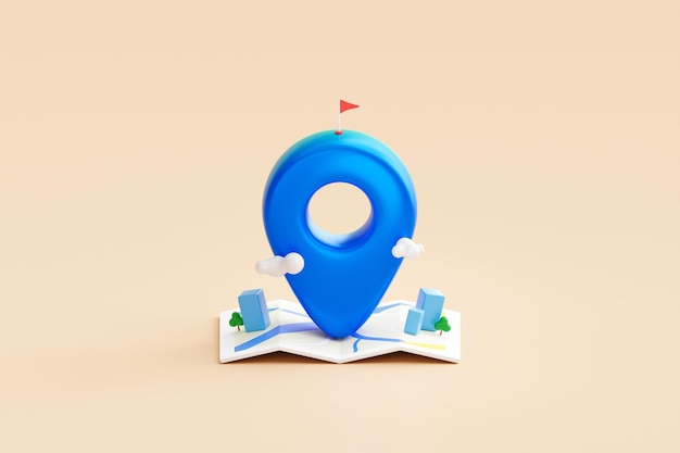 Gps navigation pin location map on travel pointer icon 3d background with blue web contact marker sign concept or global address place position navigator guide and simple find direction mark symbol