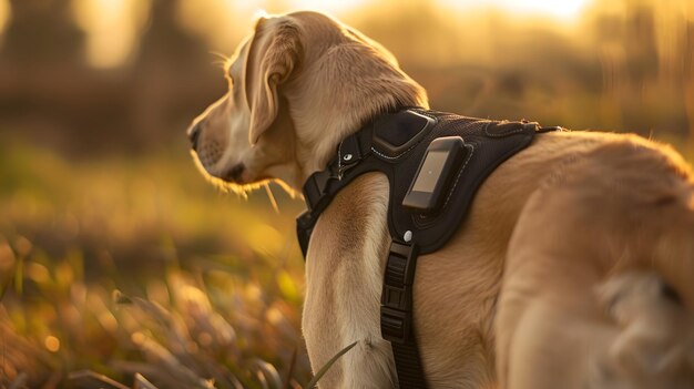 Photo gps pet tracker attached to dog harness for secure monitoring and tracking