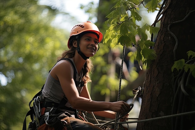 graceful arborist skillfully ascending a rope to prune and cut for big trees in action expertise in tree maintenanceGenerated with AI