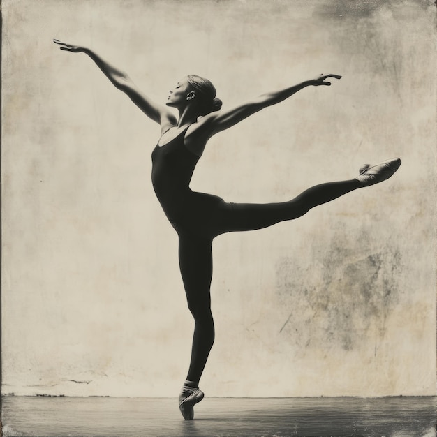 A graceful ballerina in a black leotard and pointe shoes performs a ballet pose against a textured background