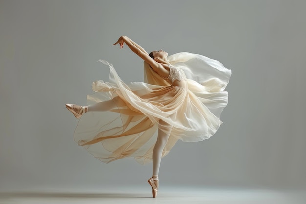 Graceful ballerina dancing in silk fabric with fluttering cloth pointe shoes on gray background