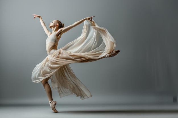 Graceful ballerina dancing with silk fabric in modern ballet performance on gray background