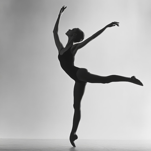 A graceful ballerina performs a graceful pose on pointe