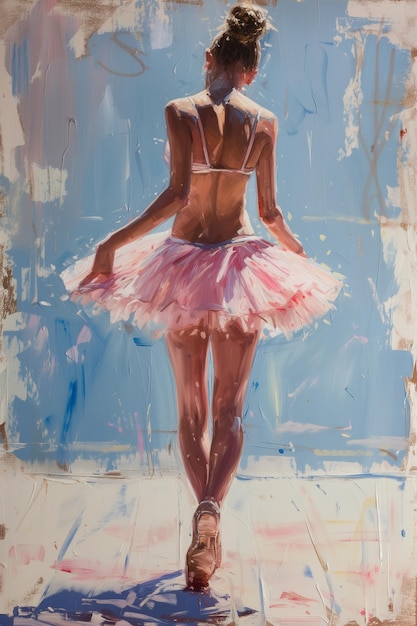 A graceful ballerina in a pink tutu a onepiece garment poses beautifully