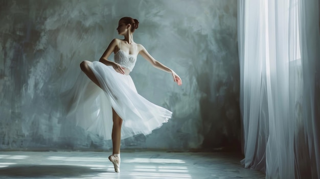 A graceful ballerina strikes a poised pose in a serene sunlit room with elegant drapery and a minimalist backdrop