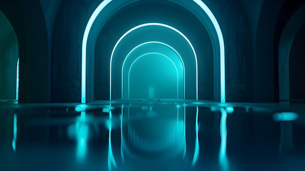 Graceful Biomorphic Metal Archway in Teal Virtual Realm with Dramatic Chiaroscuro Lighting and Synthwave Ambiance