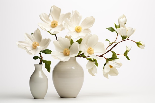 Graceful Blooms Two White Vases Adorned With Delicate White Flowers White