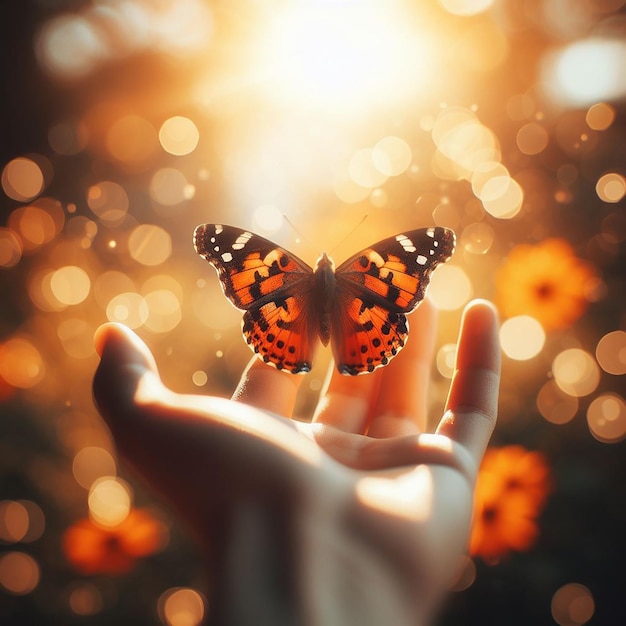 Graceful Butterfly on an Outstretched Hand Against a Serene Natural Background