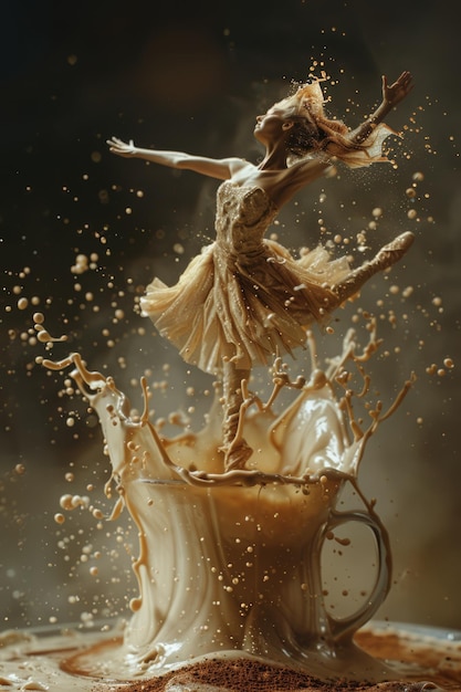 Photo a graceful dancer leaps joyfully into a swirl of swirling liquid in a cup during a whimsical artisti