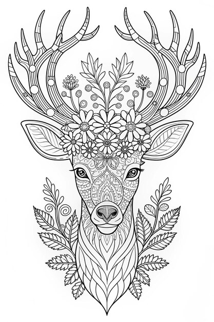 Photo graceful deer with floral crown elegant coloring page