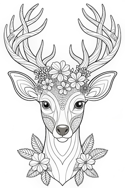 Graceful Deer with Floral Crown Elegant Coloring Page