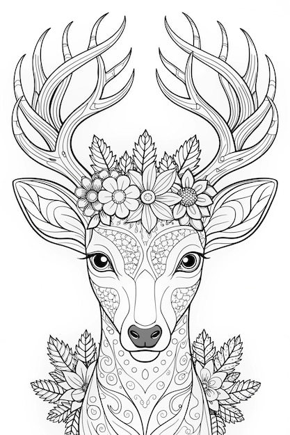 Graceful Deer with Floral Crown Elegant Coloring Page