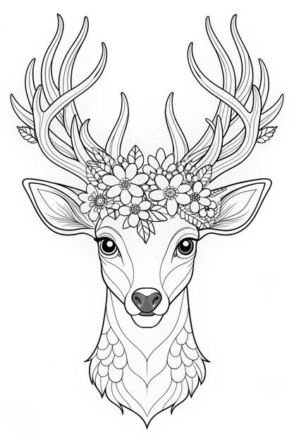 Photo graceful deer with floral crown elegant coloring page