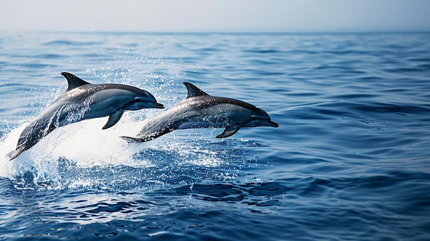 Graceful dolphins leap out of the ocean