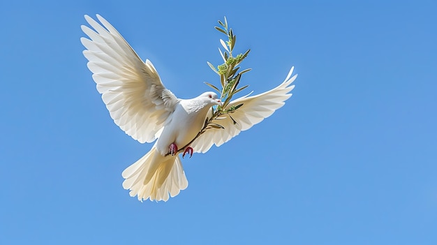 Graceful Dove Carrying Olive Branch in Flight Against Clear Blue Sky