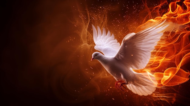 Graceful dove engulfed in fire conveys peace against dark canvas