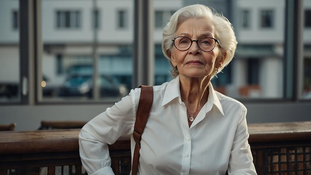 Graceful Elderly Woman in Stylish White Shirt Exuding Confidence and Elegance